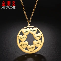 Auxauxme Personalized 7 Hearts Necklace Stainless Steel for Women Laser Engraved Family Names Pendant Birthday Jewelry Gifts