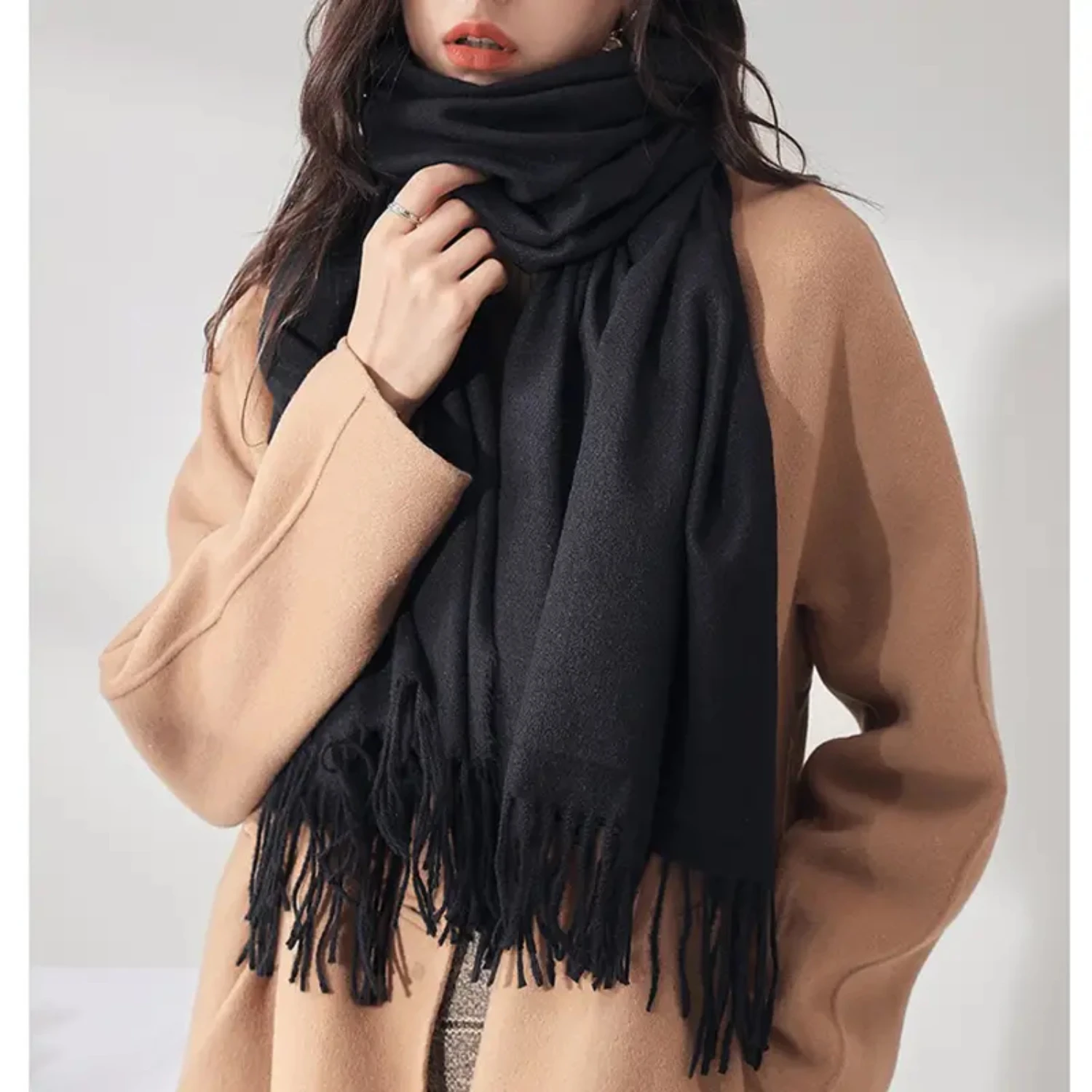 

Solid Color Warm Large Shawl Long Tassel Scarf for Women - Stylish and Cozy Winter Essential