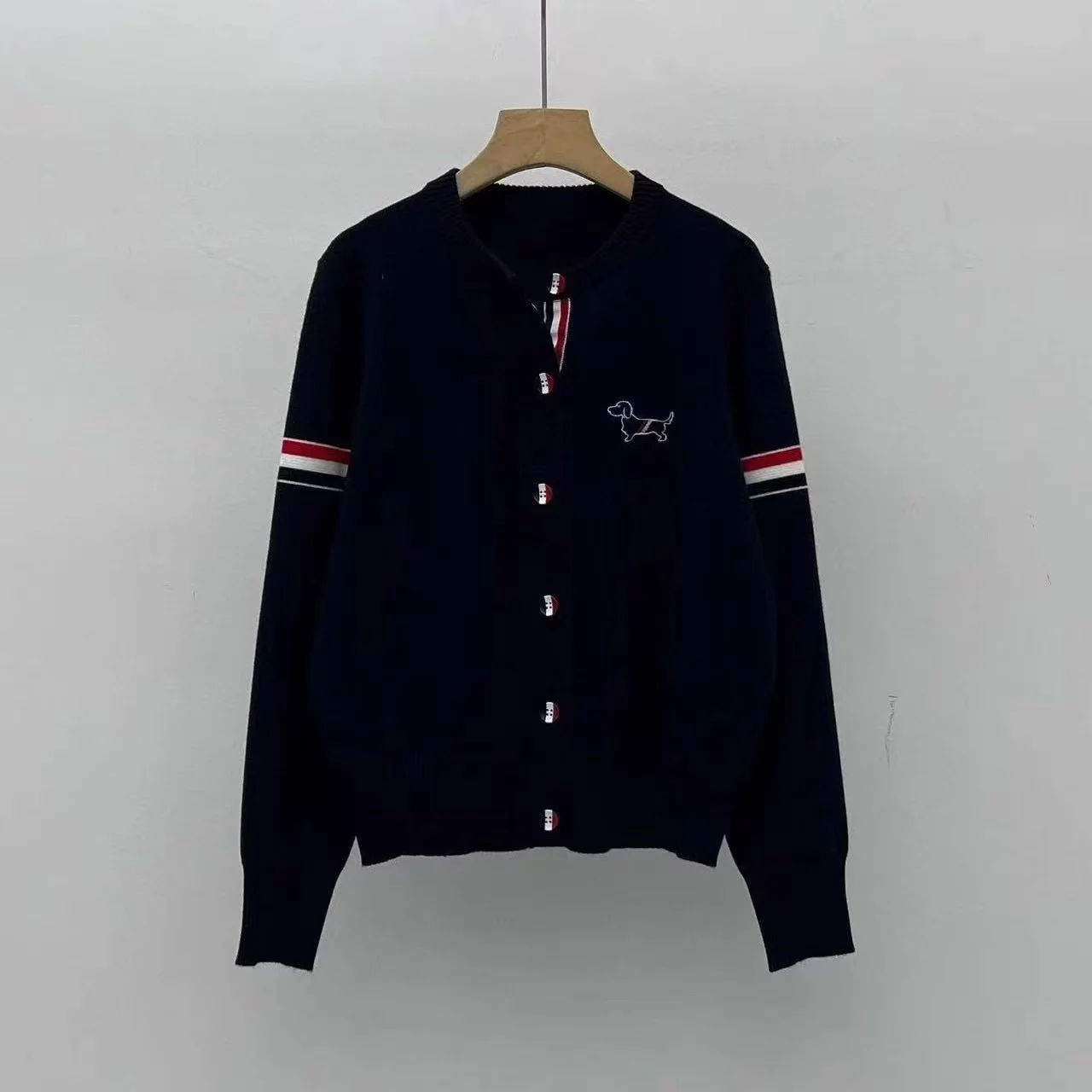 Novo outono cão bordado camisola feminina de malha o pescoço manga longa contraste cor casual solto cardigan casual topo malhas