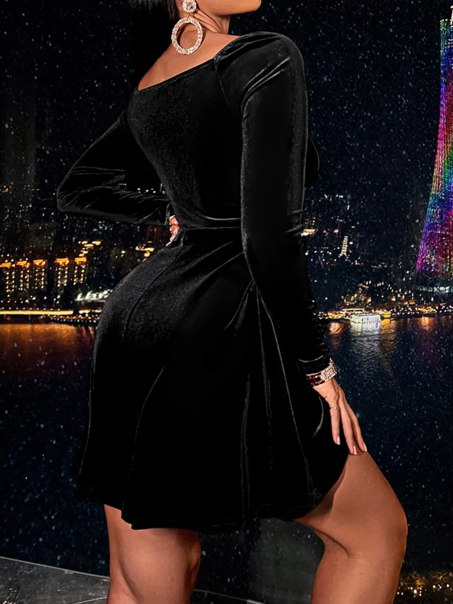 LW Elegant Velvet V Neck Plain A Line Flare Dress Long Sleeve Surplice Neck Nipped Waist Medium Stretch Mini Wrap Skirt