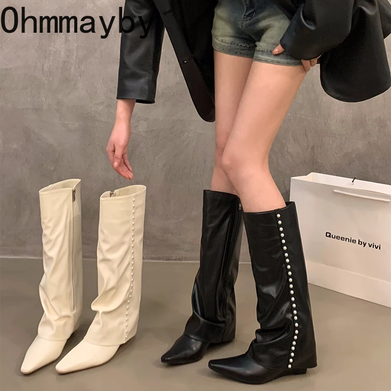 Vintage Women Knee-High Boots Fashion Elegant Pointed Toe Shoes Autumn Winter Wedges Heel Women\'s Knight Long Booties