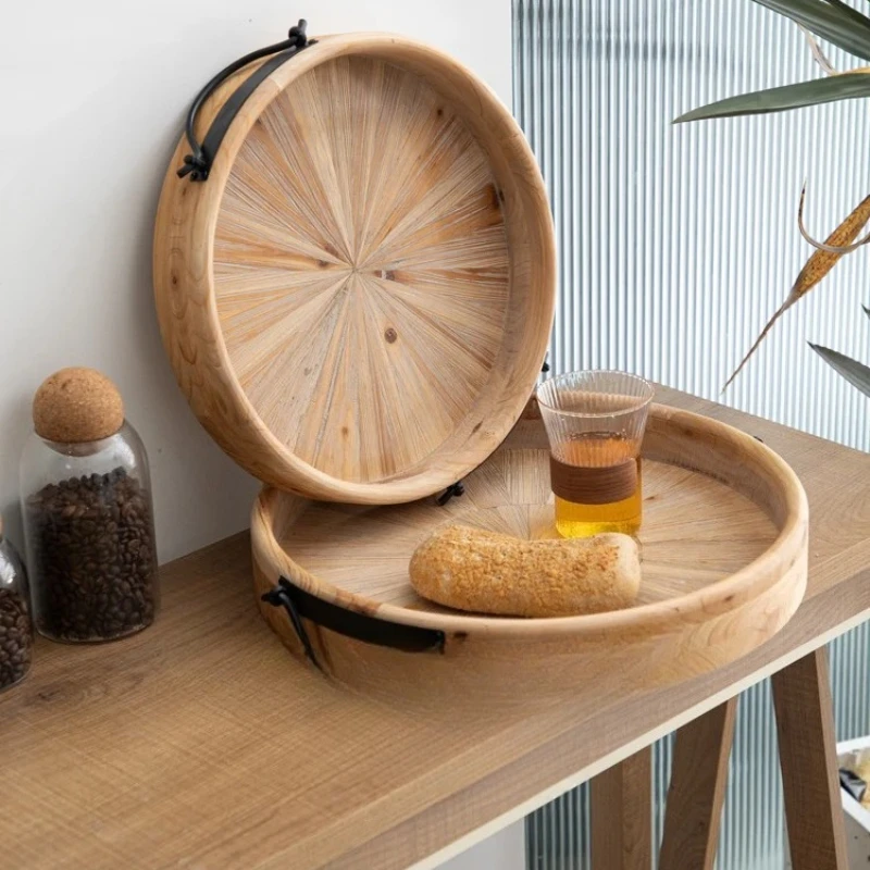 

‌ Винтажный деревянный поднос — большое круглое блюдо для закусок, чая и десерта, деревянное блюдо ручной работы, органайзер для дома и вечеринки