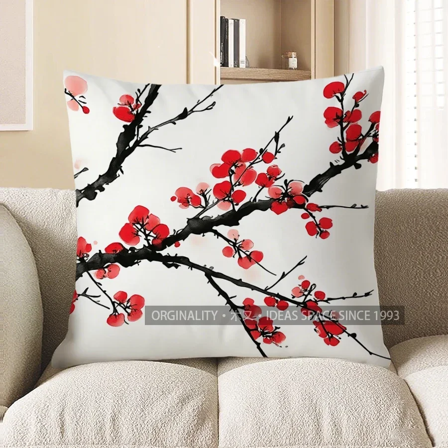 Home Decor Red Plum Blossom Pattern Throw Pillow Cover Pattern Cushion Cover Suitable for Sofa Bedroom Car Pillow Cover