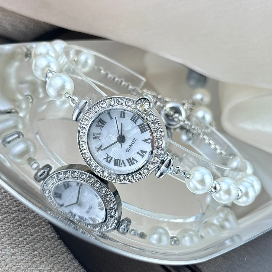 Ladies' diamond-encrusted Roman numeral dial white bead bracelet,fashionable versatile small exquisite quartz watch for women