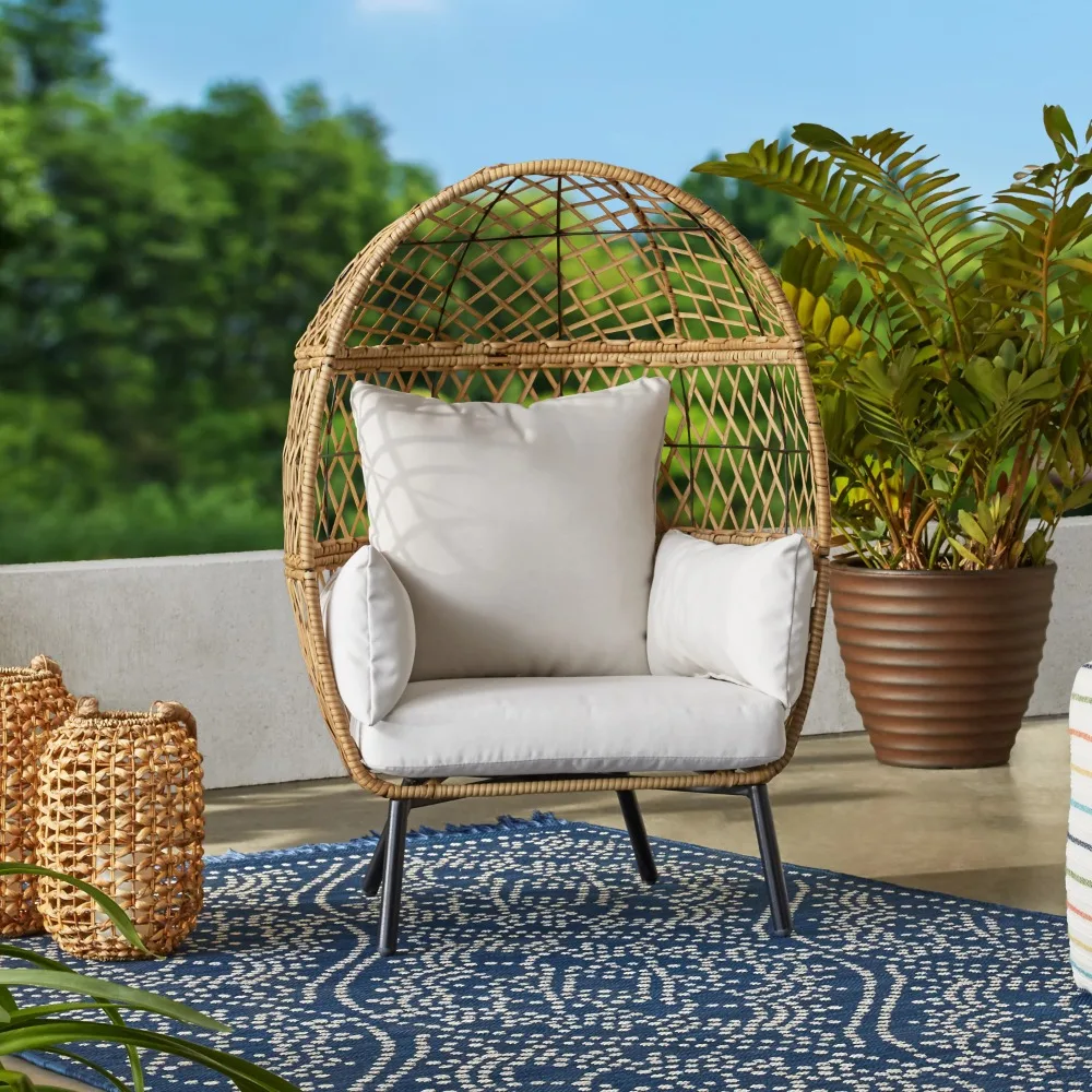 Wicker Woven Egg Cadeira Reclinável, Grey Loungers, Outdoor Estacionária, Jardim Deckchair, Frete Grátis