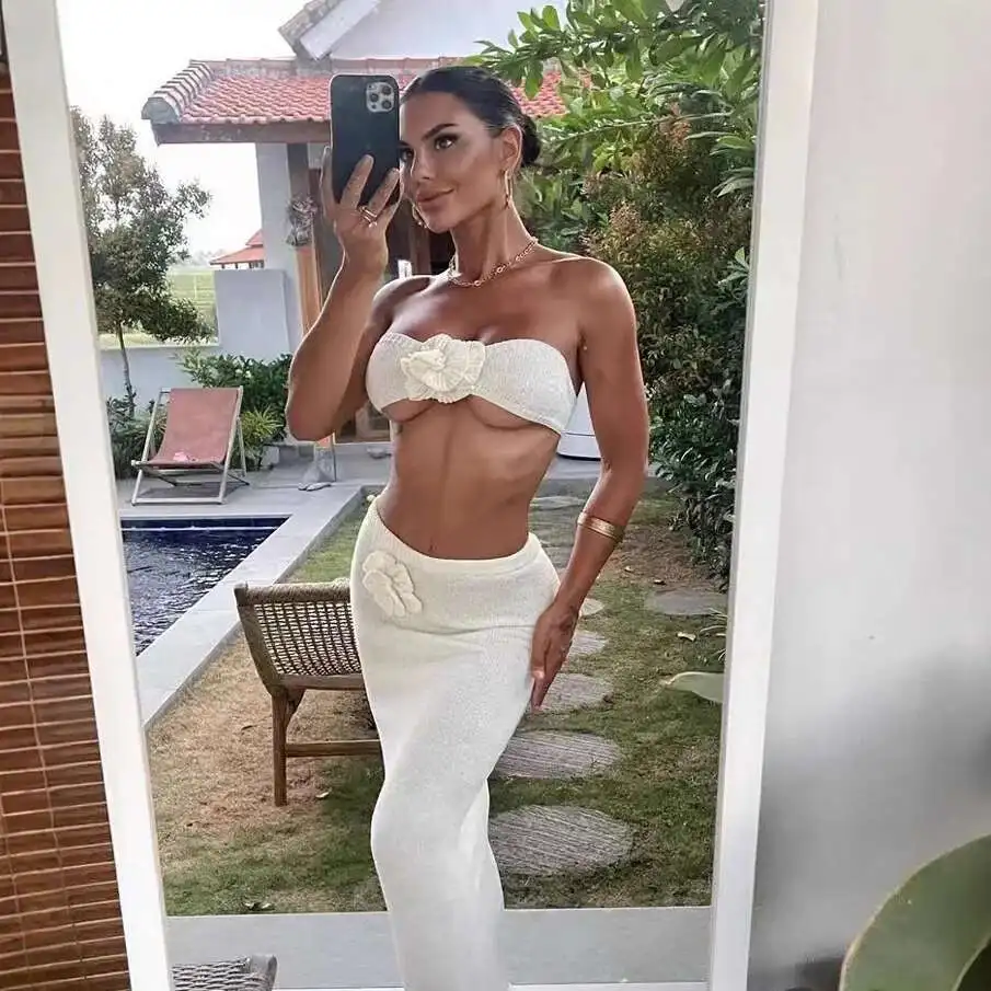 Ensemble de jupes pour femmes, sans bretelles, tricoté, fleur creuse, taille haute, pour femmes, ensemble de vacances à la plage