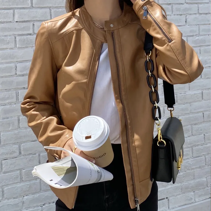 High-end Short Motorcycle Leather Jacket Women's Spring Autumn New Slim Versatile Korean Leather Coat Top Casual Outerwear