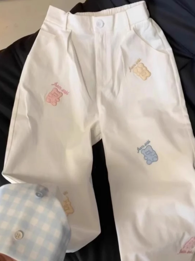 

Женские летние брюки с вышивкой милого медведя, с высокой талией, прямые, широкие, повседневные, новый корейский дизайн, удобные брюки