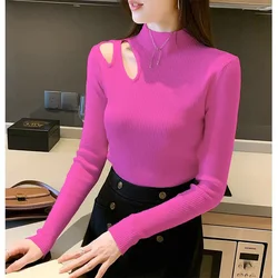 2023 Autumn Sexy Hollow Knitted Bottoming Shirt Fashion Half Turtle Neck Slim Long Sleeve Top Solid Color Casual Sweater Women