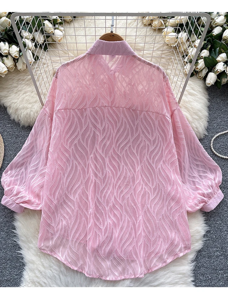 Primavera Autunno Francese Versatile Camicia a maniche lunghe da donna Nail Bead Glitter Sottile Manica a lanterna Camicetta casual allentata Top C362