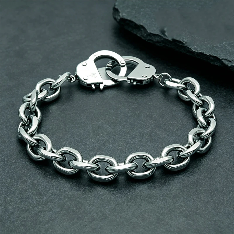 Kalen Edelstahl-Handschellen-Armband für Männer, Punk-Stil, Polierte Ovale Kette, Rock-Biker-Party-Schmuck, Geburtstagsgeschenk – Detail 10