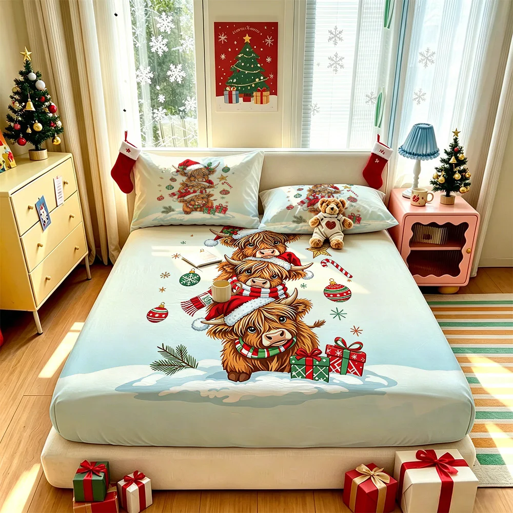 3PCS Christmas Highland Cow Decorative Bedding Set, including a bedding cover without a core, one bedding cover, and two pill