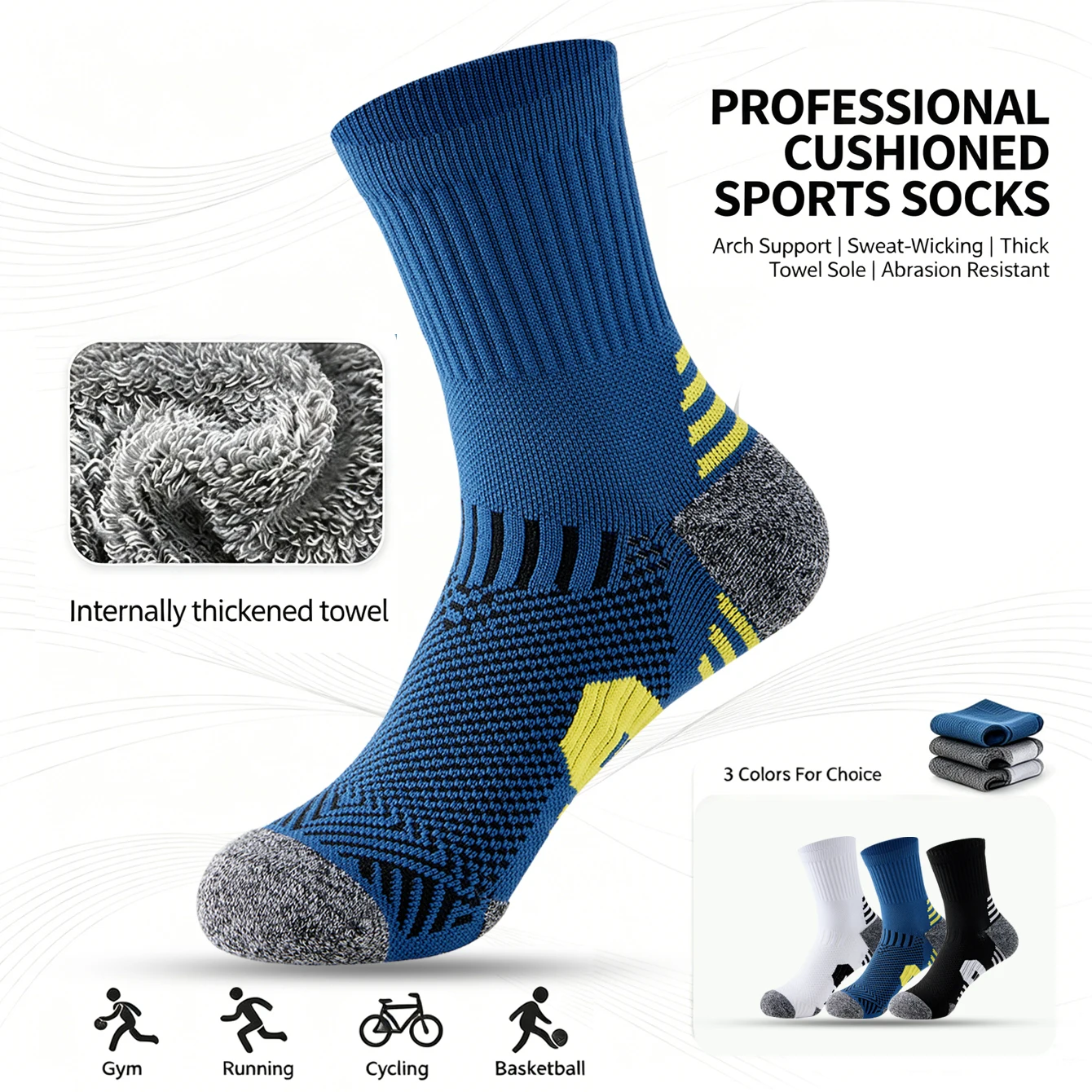 2 Pair Men Compression  Sports Socks, Breathable Thick Terry  Shock Absorb Athletic Socks  for Running  Aerobic Workout Outdoor