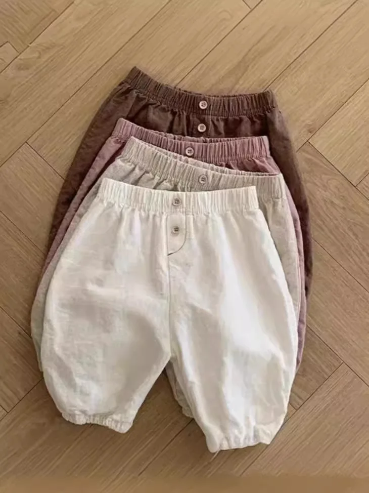 2025 Summer New Baby Loose Trousers Cotton Infant Boy Solid Versatile Cropped Pants Toddler Girl Soft Breathable Casual Pants