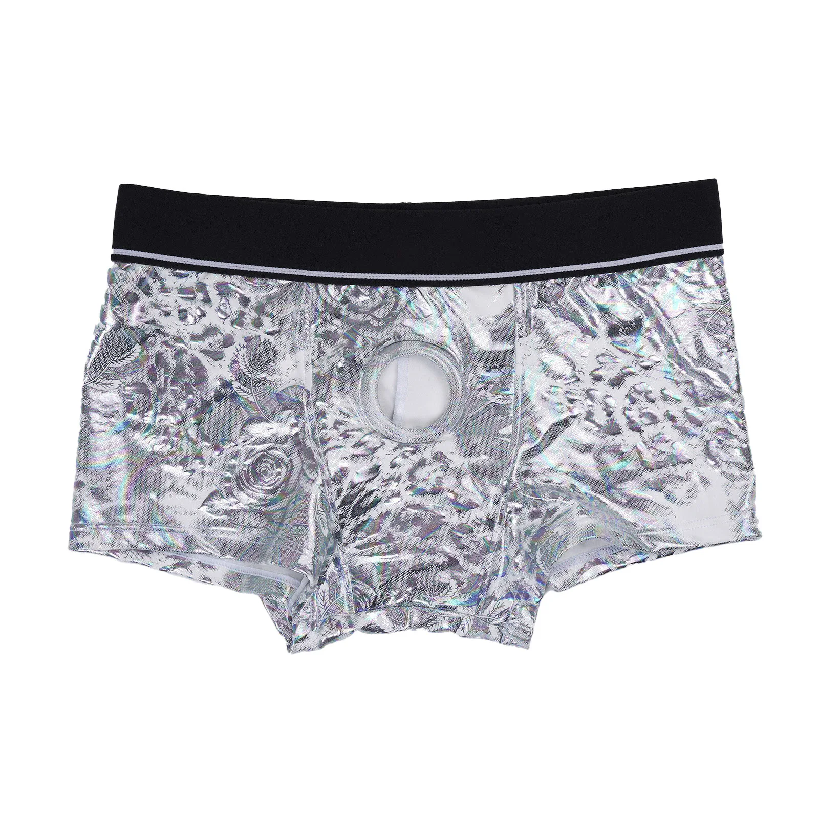 Herren-Dessous: Glänzende Metallic-Boxershorts mit integriertem Silikonring, tief sitzend, mit Cutout-Pouch, Unterwäsche für Rave & Nachtclub-Kostüme – Detail 16