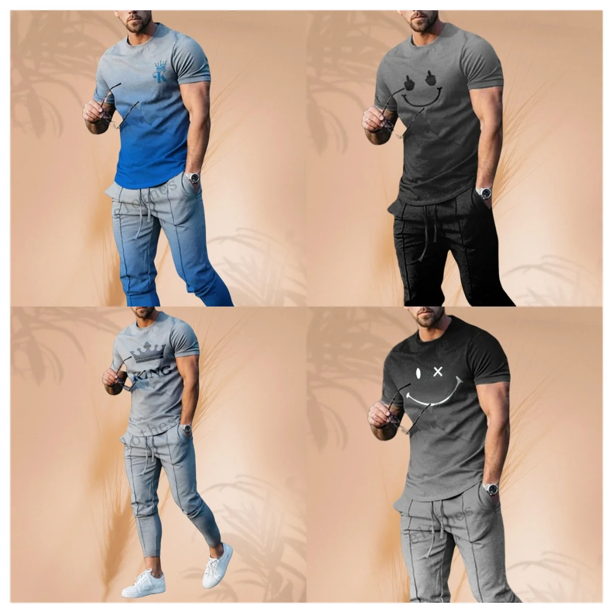 

King Letter 3D Print T-Shirts Sweatpants Sets Men's Fashion Tracksuit Oversized Short Sleeve T Shirt Trousers Set Suits Clothing