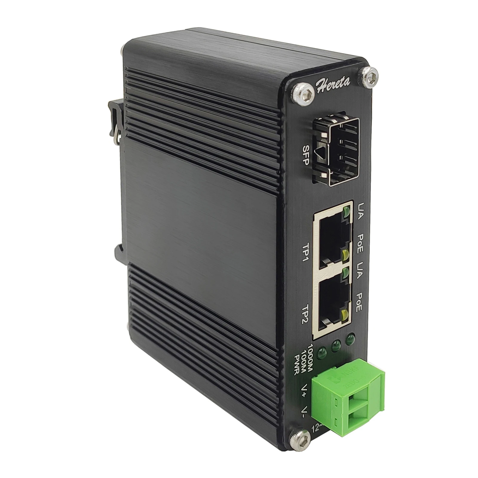 Hereta Gigabit Industrial Ethernet Media Converter 2 RJ45 Port 1 SFP Port POE+ 30W 12~48V DC Input Power Aluminum Case