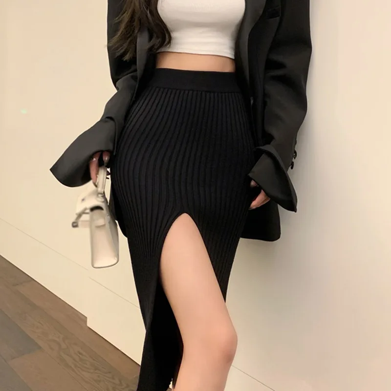 Women\'s Dress High Waist Split Temperament Elastic Force Thin Sexy Skirt Slim Knit Sexy High-Waisted Temperament Female Skirt