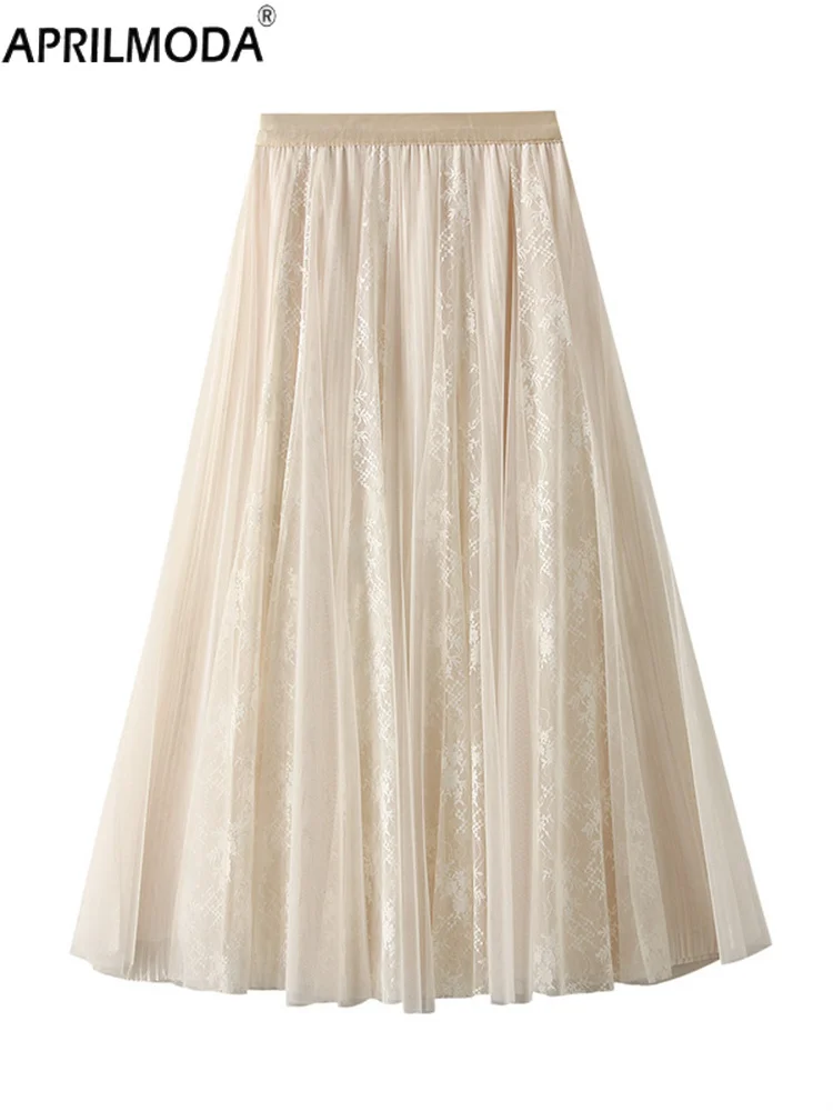 French Style Lace Mesh Patchwork Princess Short Casual Tulle Tutu Skirt Elegant Autumn Brown Beige Black Solid Vintage Skirts