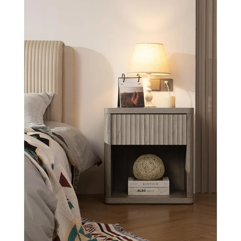 Night Stand Set of 2 Nightstands with Drawer Storage Fluted Bed Side Table End Table Large Modern Wide Bedside Stand Mid