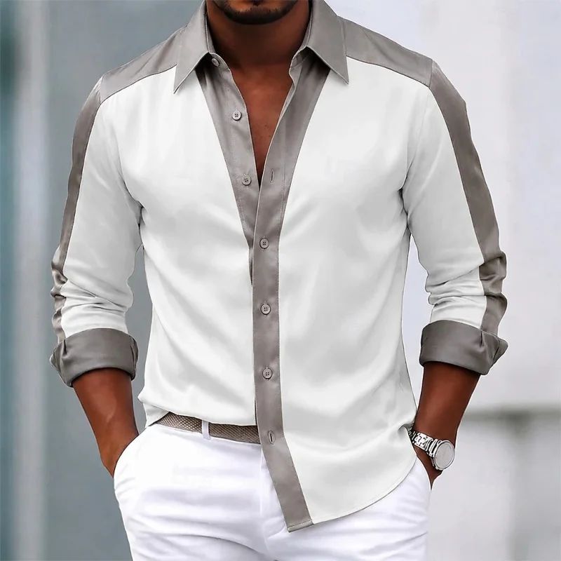 Men's shirt with contrasting color splicing long sleeved shirt, lapel button cardigan shirt, business casual trendy men's top