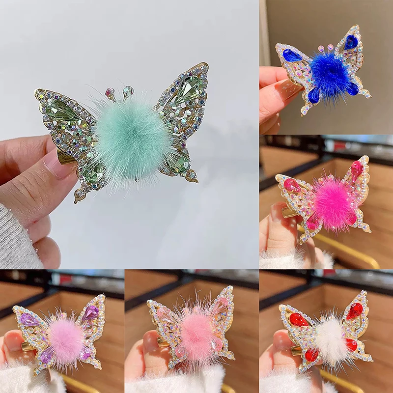 3D Movable Butterfly Hairpin Elegant Rhinestone Hair Clips For Women Fur Ball Barrettes Hair Clip Headwear Hair Accessories