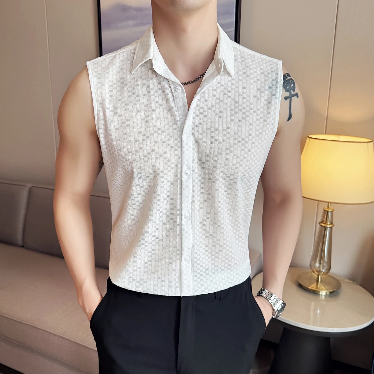 

Мужской жилет без рукавов, новая летняя рубашка в клетку из ледяного шелка, модный дышащий удобный облегающий повседневный смокинг для выпускного вечера 4XL-M