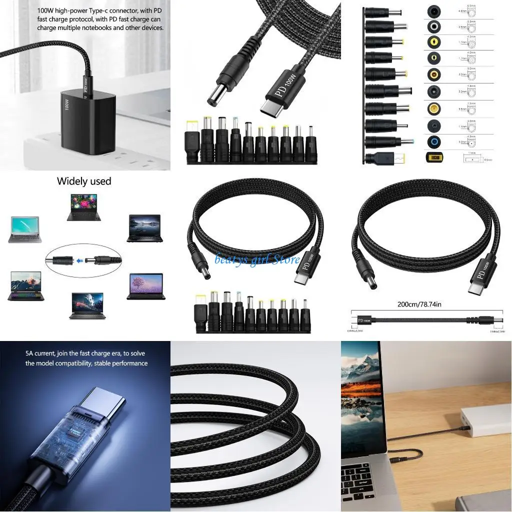 

C7AB USB C to DC5521 5.5x2 Adapter Cable 100W with 10 Connection Tips for Electronic Devices Power Charging Cord 200CM