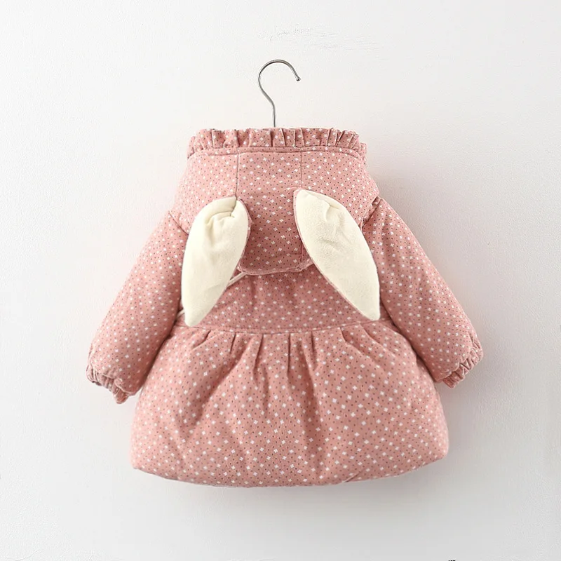 2-Piece Winter Baby Fleece Filled Cotton Jacket+Love Bag Girl Printed Rabbit Ear Hood Cartoon Warm Clothes