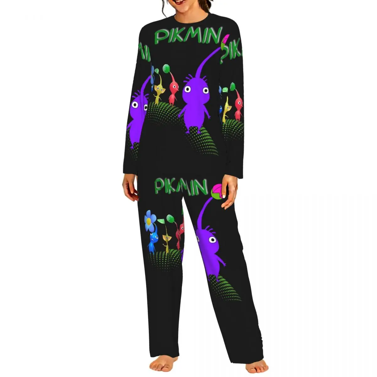 Game Kawaii Pikmin Cartoon Animation Round Neck Long Sleeves Nightdress for Sleeping Sleepshirts Women Soft Pajama Set Long Pant