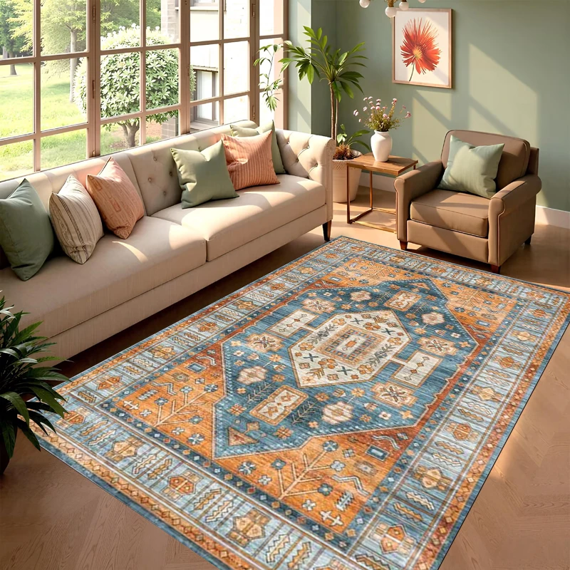 Vintage Persian Tribal Geometric Floral Rectangular Carpet Bohemian Soft Decorative Floor Mat for Living Room Bedroom Home Decor