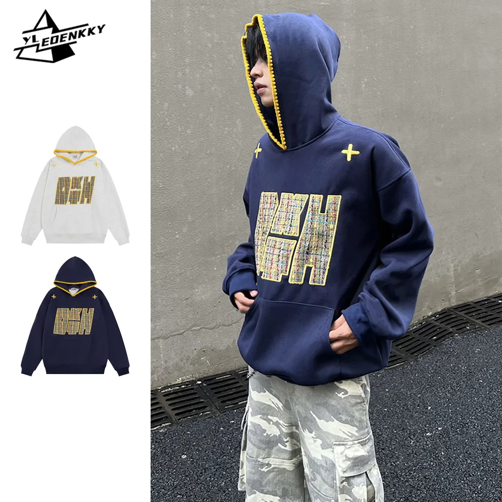 American Hooded Sweatshirt Men Women Vintage Patch Embroidered Hooded Tops Autumn Couple Loose Jumper Casual Versatile Hoodies