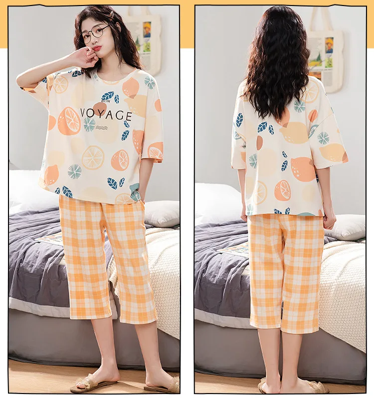 Damen-Sommerpyjama: Kurzarm, 3/4-Länge Hose, Pullover, Rundhals, Bedruckt, Frühling/Herbst-Stil, Übergrößen-Pyjama-Set – Detail 8