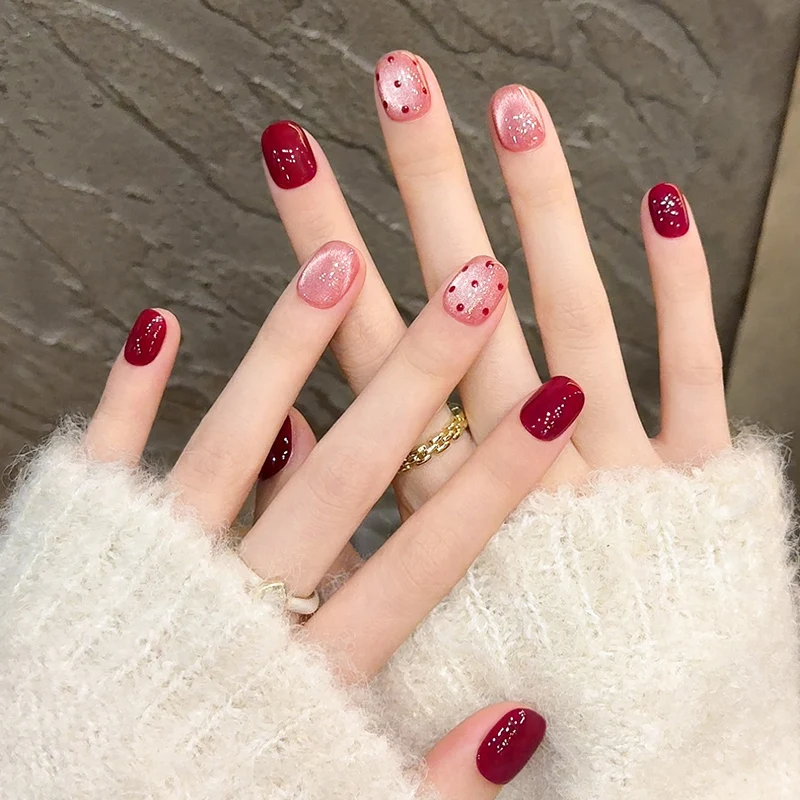

10pcs Handmade Short Cat Eye Dot Red Removable Press on Nails Acrylic Cute Fake Nails Sweet False Nails for Hands uñas press on
