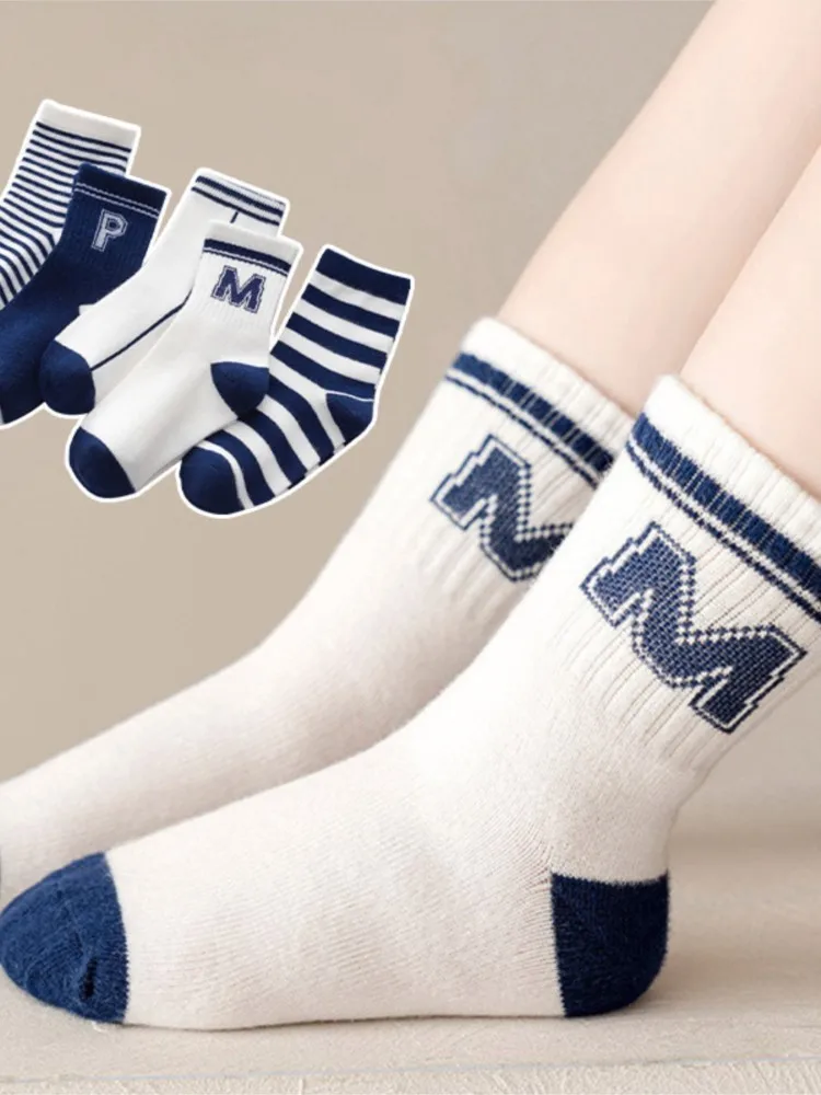 5Pairs/Set Letter Socks  Boy Girl Sport Socks Four Seasons  for Baby Classic Striped Toddler Middle Tube Sock Soft Cotton Kids