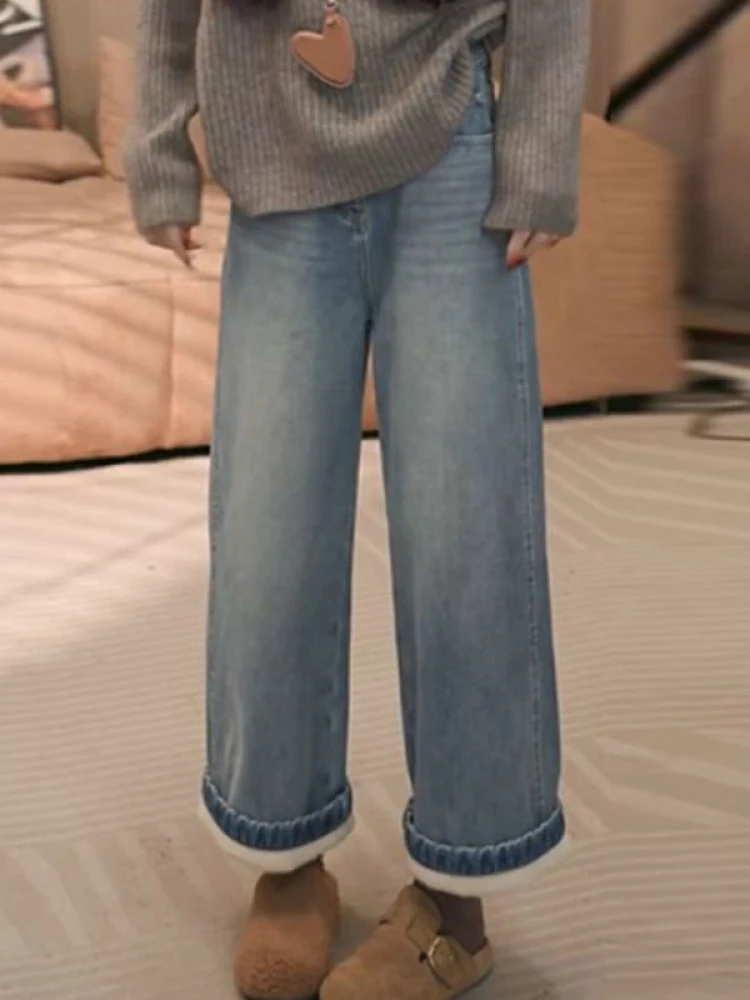 

High Waist Wide Leg Denim Jeans Women's Fce Lined Loose Fit Autumn Winter Straight Cut Trousers Long Pants Cleanfit Sle