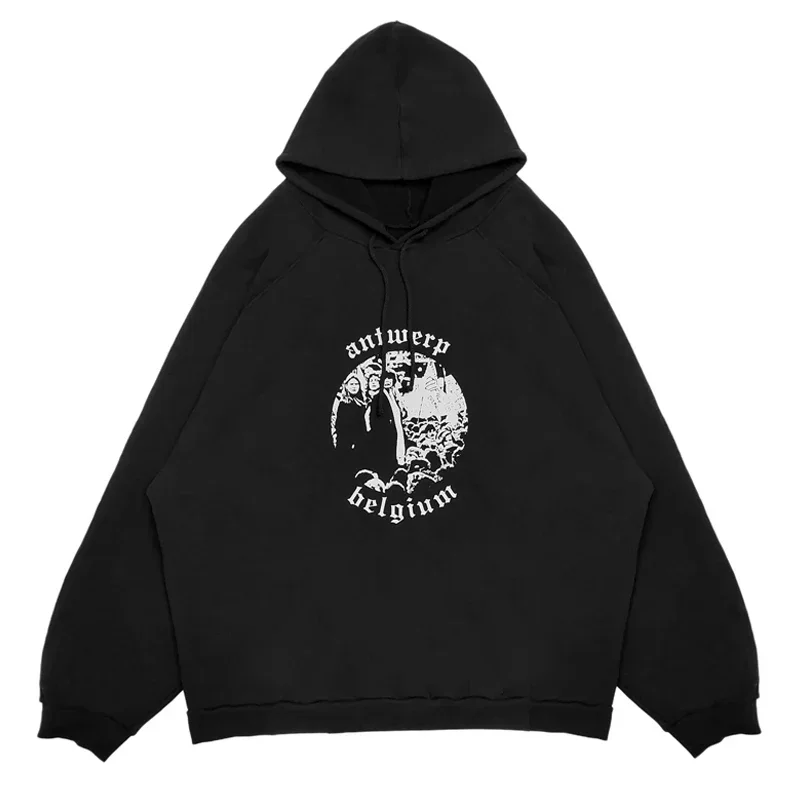 

Archive Autumn Loose High Street Hoodie Men Black Casual Letter Printed Hooded Pullover with Figure Pattern