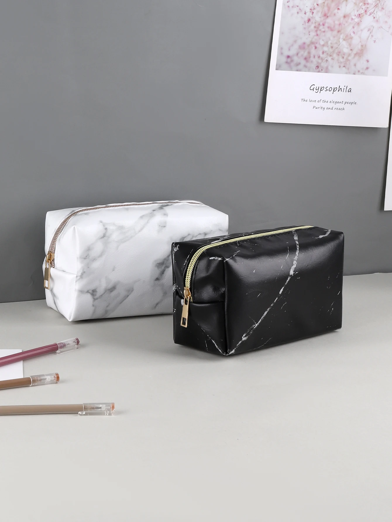 Estuche para lápices de mármol, bolsa para bolígrafos con cremallera de gran capacidad de cuero PU, organizador de papelería, bolsa de almacenamiento minimalista, suministros para el regreso a la escuela