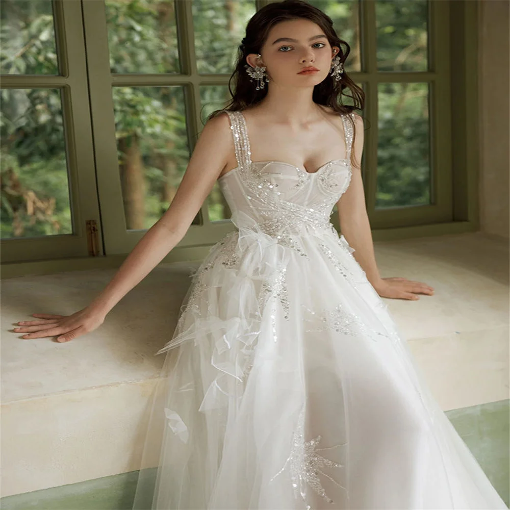 New Elegant Sheer Tulle Wedding Dresses Latest Styles Backless Prom Gowns  Mopping Length Princess Vestidos  Customized 078