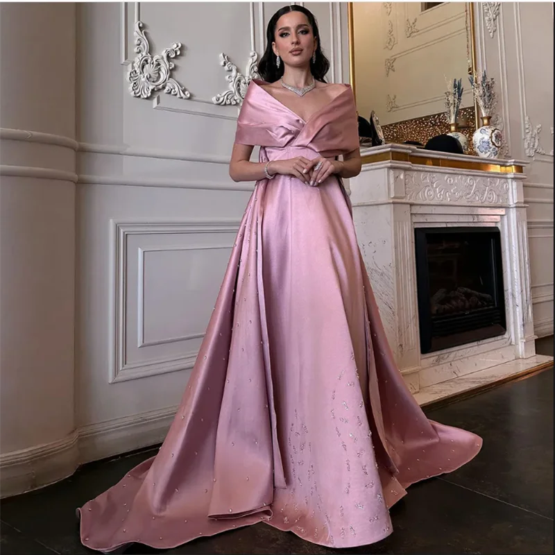 

Модное вечернее платье с камнями по индивидуальному заказу с открытыми плечами и V-образным вырезом, плиссированные атласные платья для выпускного вечера, платье для торжественных случаев в Саудовской Аравии