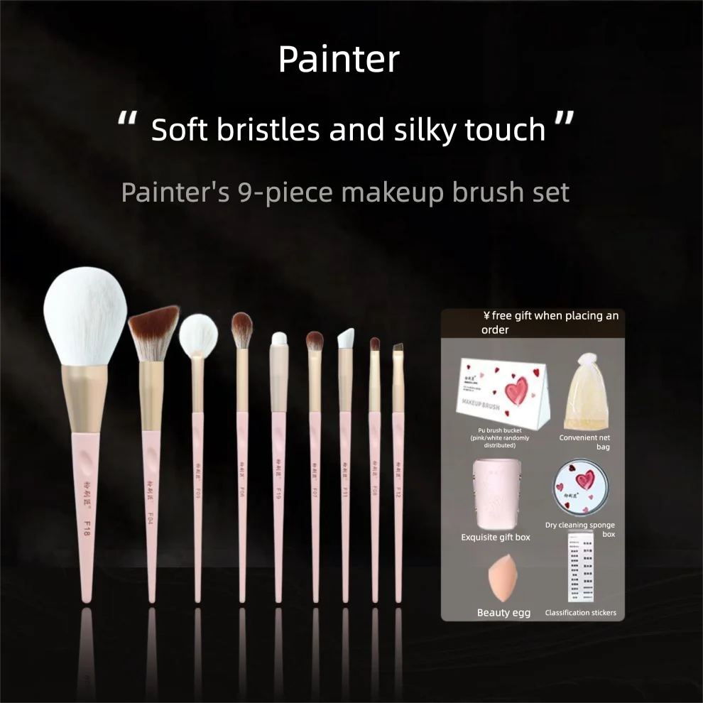 Conjunto de pincéis de maquiagem rosa pintor de 9 peças, um conjunto completo de ferramentas de beleza portáteis com cerdas super macias, pincéis de maquiagem Cangzhou