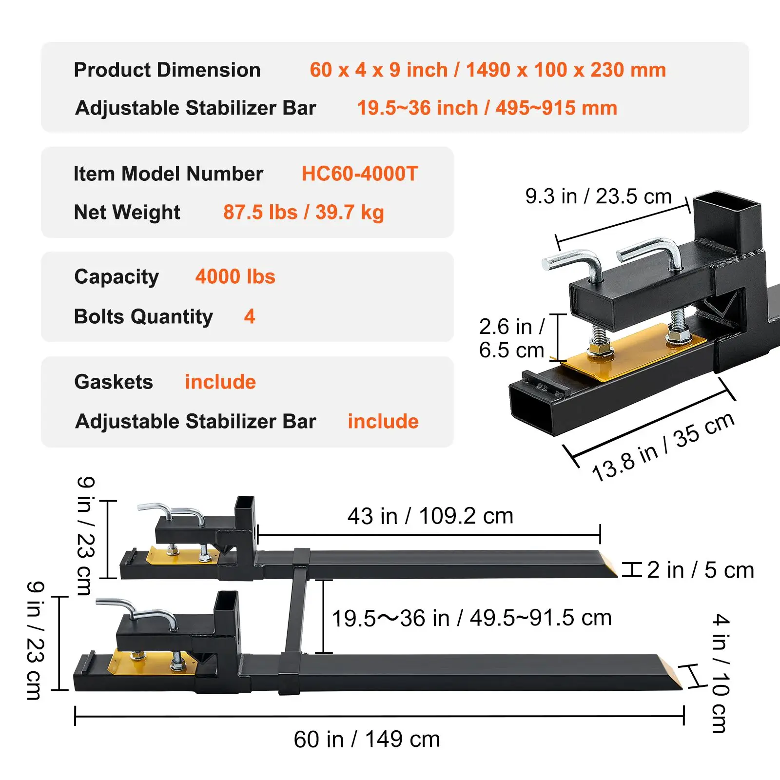 Pallet Forks, 4000 lbs Clamp on Pallet Forks, 60
