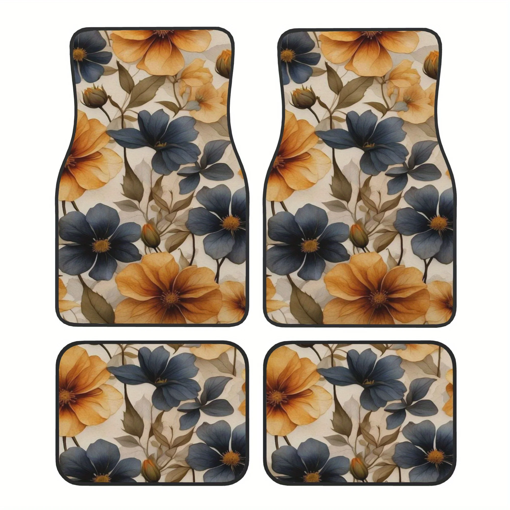 4pcs Floral Pattern Car Floor Mats - Yellow & Blue Flowers On White Background, Non-Slip Polyester Liner, Easy To Clean, All-Sea