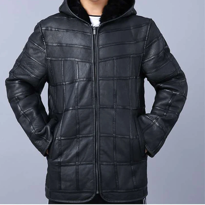 Neue warme männer pelzmantel plus hut männer der 100% echt schaffell mantel, herren anzug, leder jacke, dicke, größe nach