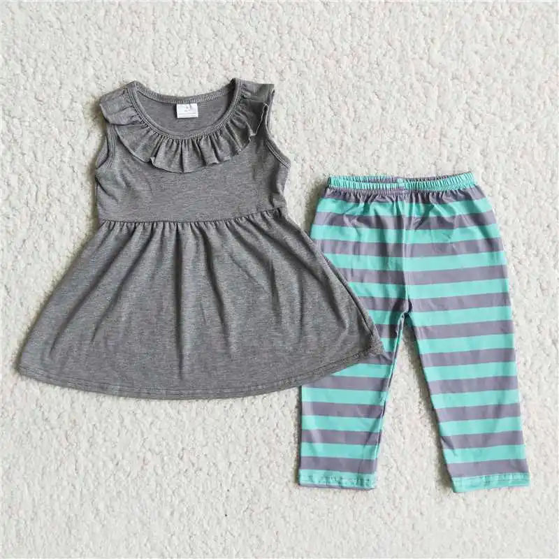 Wholesale Girls Summer Short-Sleeved Suit Multi-Element Bright Color Stripes With Ruffle