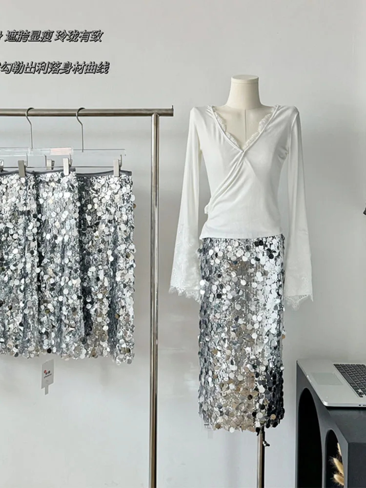 Jupe argentée de haute qualité pour femmes, taille haute, paillettes scintillantes, ligne a, luxe, mode coréenne, Sexy, élégante, Coquette, fête de bal