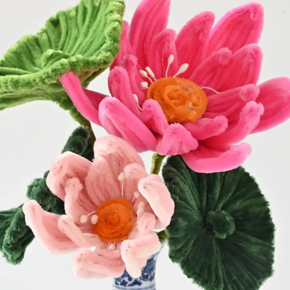 Finished Pipe Cleaner Flower Bouquet 2 Lotus Flowers 3 Lotus Leaves Artificial Chenille Stems Flower Craft For Vase Fake Flower view 5