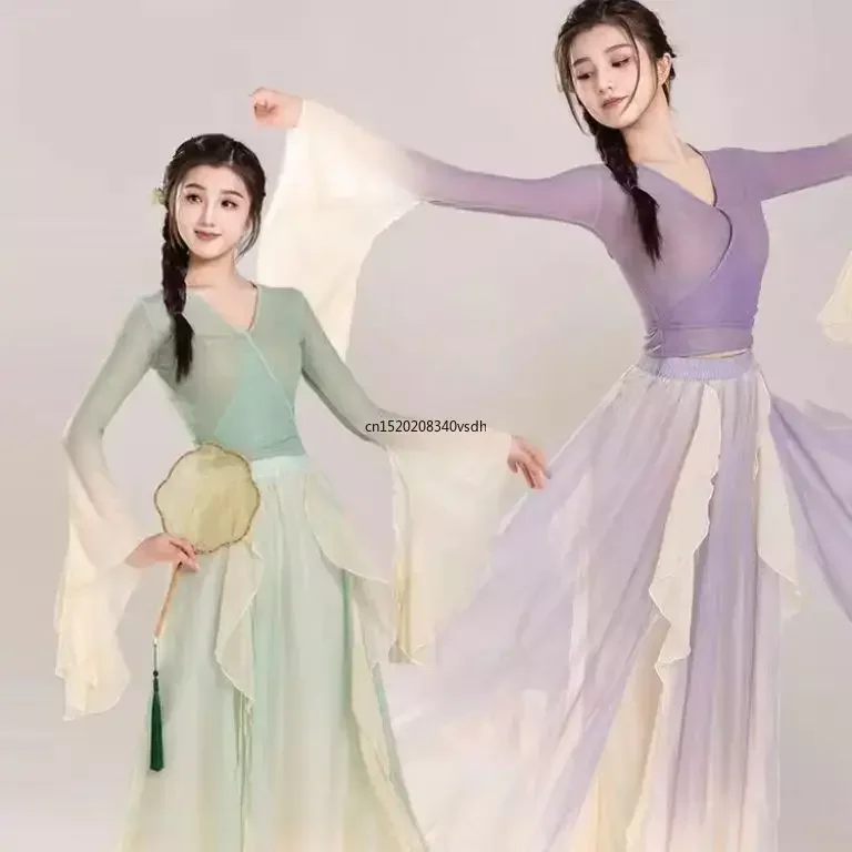 Disfraz de danza clásica, traje púrpura de Hada, vestido de práctica diaria, gasa suelta que fluye, Ropa de baile china para actuaciones en escenario