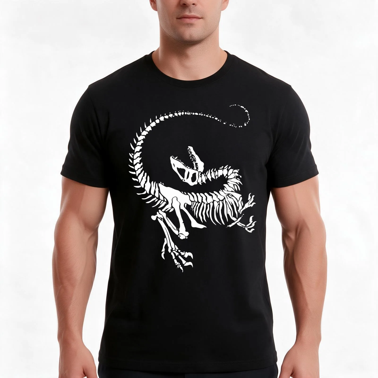 Velociraptor Fossil | Black T-Shirt, Summer Casual Cotton Tee, Oversized Streetwear Tops, Vintage Graphic Print, 100% Cotton