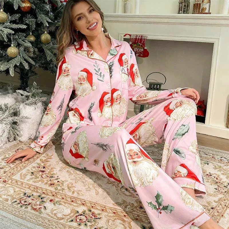 

Women's Christmas Pajamas Set Long Sleeved Pants Lapel Collar Cardigan Trousers European American Style Holiday Home Wear Party